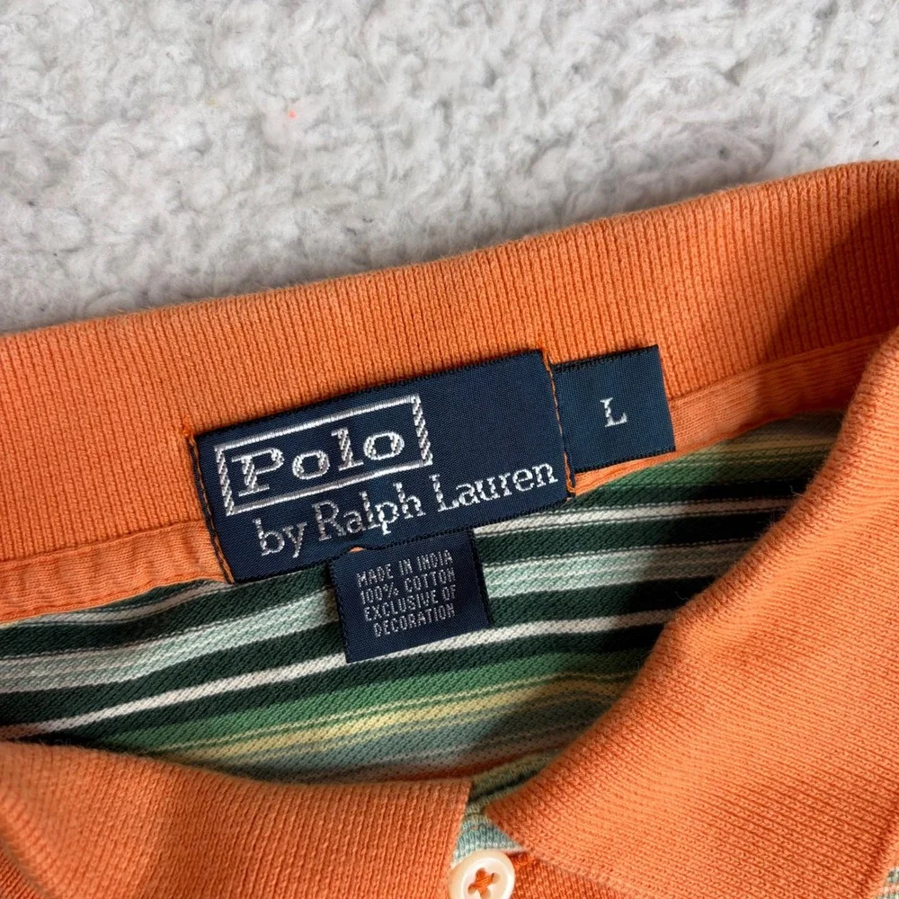 Polo Ralph Lauren Mens Large Orange Green Striped Short Sleeve Pique Polo Shirt